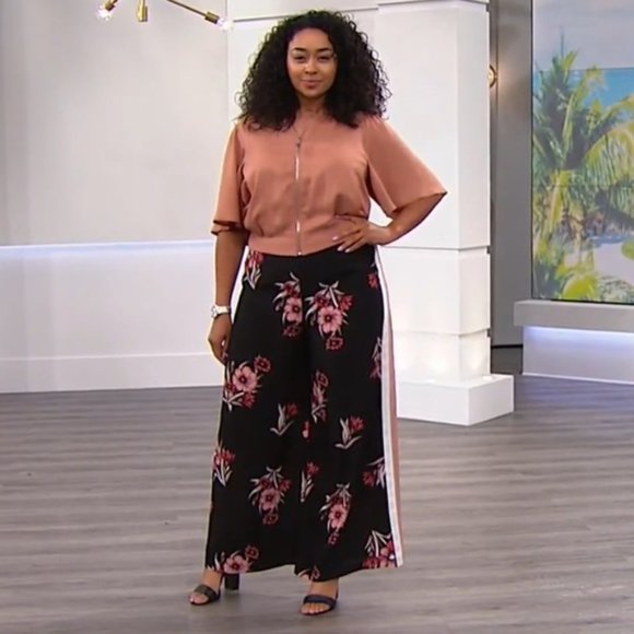 Eva Longoria Floral Ribbon Stripe Wide Leg Crepe Trouser Pant Black Pink 6 - Picture 12 of 12